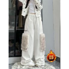 批发韩国chic美式复古毛绒大口袋褶皱工<b class='q'>装</b><b class='q'>裤</b>男女设计感<b class='q'>宽松</b>阔腿<b class='q'>裤</b><b class='q'>潮</b>