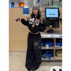 批发<b class='q'>韩国</b>chic美式复古辣妹休闲卫裤男女宽松直筒运动垂感阔腿百搭长裤