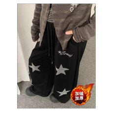 批发<b class='q'>韩国</b>chic美式复古星星烫钻卫裤女阔腿宽松显瘦加绒高腰直筒休闲裤