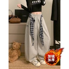 批发<b class='q'>韩国</b>chic加绒美式嘻哈街舞叠穿可拆卸阔腿裤男女宽松垂感休闲长裤