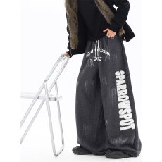 批发<b class='q'>韩国</b>chic美式复古泼墨水洗阔腿女高街vibe做旧宽松休闲弯刀裤子潮