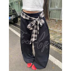 批发<b class='q'>韩国</b>chic美式复古休闲裤女百搭显瘦格子腰带女A字弯刀拖地运动裤