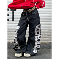 批发<b class='q'>韩国</b>chic2025年新款高街潮流破洞阔腿牛仔裤女高腰宽松时尚拖地裤