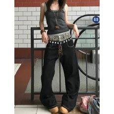 批发<b class='q'>韩国</b>chic高街复古窄版星星腰头拼接阔腿牛仔裤男女简约宽松直筒裤