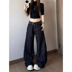 批发<b class='q'>韩国</b>chic阔腿牛仔裤女2025新款美式复古高腰直筒宽松垂感拖地裤潮