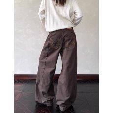 批发韩国chic复古绣花竖条纹弯刀<b class='q'>牛仔裤</b>男女高街直筒宽松百搭阔腿长裤