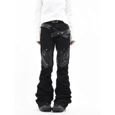 批发新款欧美街头褶皱堆积感拼接男女赛博朋克摇滚PU直筒牛仔微喇裤潮