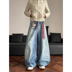 批发韩国chic美式复古水洗领带3D印花弯刀<b class='q'>牛仔裤</b><b class='q'>女</b>痞帅宽松休闲阔腿<b class='q'>裤</b>