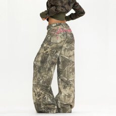 批发韩国chic新款美式复古重工树枝纹宽松长裤男<b class='q'>女</b>设计感阔腿工装裤潮