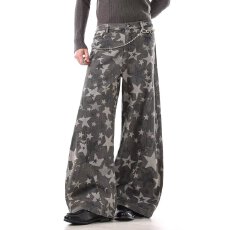 批发韩国chic美式迷彩阔腿高腰复古工装拖地<b class='q'>牛仔裤</b>新款显瘦直筒宽松裤