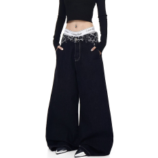 批发韩国chic美式复古豹纹腰头拼接牛仔裤男<b class='q'>女</b>宽松阔腿休闲拖地<b class='q'>长裤</b>子