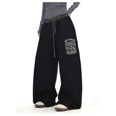 批发韩国chic黑色迷彩拼接<b class='q'>休闲裤</b>男<b class='q'>女</b>春秋新款宽松bf韩系街头拖地<b class='q'>长裤</b>