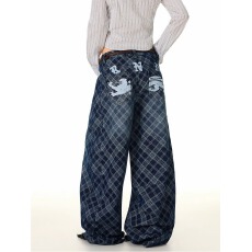 批发韩国chic美式覆古格纹水洗弯刀牛仔裤男<b class='q'>女</b>褶皱休闲风百搭个性<b class='q'>长裤</b>