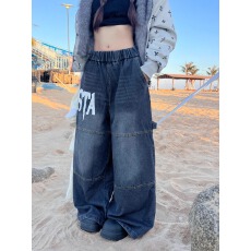 批发韩国chic美式复古字母印花<b class='q'>牛仔裤</b>男女新款高街松紧腰阔腿直筒裤潮