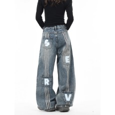 批发韩国chic原创美式复古多口袋做旧水洗弯刀<b class='q'>牛仔裤</b>男女宽松阔腿长裤