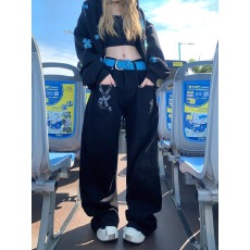 批发韩国chic美式复古设计感刀叉字母印花<b class='q'>牛仔裤</b>男女宽松潮流直筒长裤