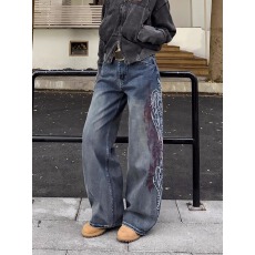 批发韩国chic美式复古刺绣宽松直筒竹节纹<b class='q'>牛仔裤</b>男女阔腿街头长裤潮