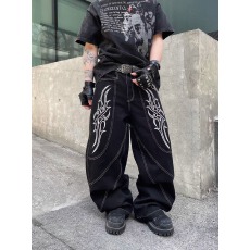批发韩国chic美式高街立体荆棘刺绣阔腿裤男女明线直筒<b class='q'>牛仔裤</b>长裤子潮