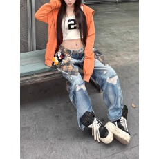 批发韩国chic格子方巾数码打印阔腿<b class='q'>牛仔裤</b>男女街头风辣妹酷帅直筒长裤