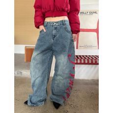 批发韩国chic美式复古高街字母刺绣弯刀阔腿休闲慵懒宽松男女<b class='q'>牛仔裤</b>潮