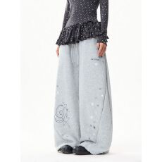 批发韩国chic美式复古星星印花阔腿卫裤女宽松直筒跳舞拖地运动长裤<b class='q'>潮</b>