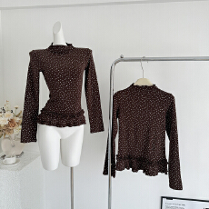 批发韩版美式半高领波点花边针织打底衫女秋冬新款内搭辣妹长袖T恤<b class='q'>潮</b>