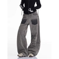 批发韩国chic个性褶皱牛仔裤春秋季新款美式高街多口袋直筒休闲长裤子