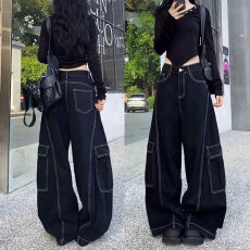 批发韩国chic港风复古显瘦明线设计感帅气牛仔裤女宽松街头风宽松阔腿