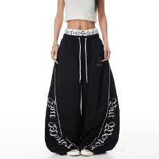 批发韩国chic春装新款字母双腰头弯刀卫<b class='q'>裤</b>男女设计感工装运动阔腿<b class='q'>裤</b>