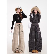 批发韩国chic新款<b class='q'>阔腿裤</b>女春装新款垂感宽松慵懒条纹休闲直筒运动<b class='q'>裤</b>潮