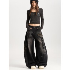 批发韩国chic美式复古铆钉弯刀牛仔裤男女新款设计感宽松显瘦拖地<b class='q'>长裤</b>