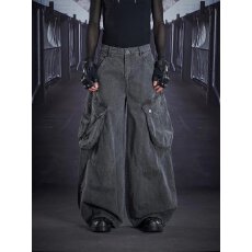 批发韩国chic水洗工装弯刀牛仔裤<b class='q'>男</b>女微喇多口袋宽松显瘦直筒阔腿<b class='q'>裤子</b>