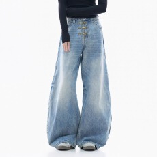 批发韩国chic<b class='q'>春</b>季水洗美式复古金属扣设计感阔腿牛仔裤男女廓形弯刀裤