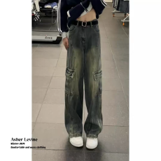 批发韩国chic<b class='q'>春</b>季水洗美式街头阔腿工装牛仔裤新款多口袋休闲拖地长裤