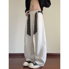 批发韩国chic春季美式格纹腰带拼接松紧<b class='q'>高腰</b>运动卫裤宽松阔腿休闲长裤