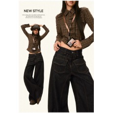 批发韩国chic<b class='q'>春</b>季水洗复古反穿口袋丹宁弯刀牛仔裤女显瘦宽松镰刀裤子