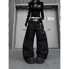 批发国潮痞帅泼墨做旧解构拼接弯刀牛仔裤男女设计感宽松百搭阔腿<b class='q'>长裤</b>
