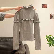 韩国chic2026春季新款德绒半高领木耳边蝴蝶结长袖T恤女辣妹上衣