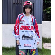 批发<b class='q'>韩国</b>chic2026春季新款美式赛车长袖男女<b class='q'>情侣</b><b class='q'>嘻哈</b>街舞t恤长袖球衣