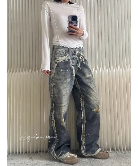 한국 chic 봄 아메리칸 파괴 센스 페이크 레이어드 3d 프린트 데님 긴 바지 남녀 루즈핏 넓은 다리 바닥 청소 바지