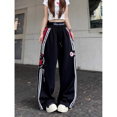 批发韩国chic复古双腰头字母印花卫裤宽松休闲侧条纹直筒阔腿抽绳长裤