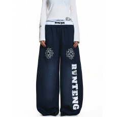 批发好质量韩国chic撞色双腰头字母印花做旧弯刀休闲裤男女宽松卫裤潮