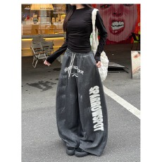 批发韩国chic新款美式做旧字母印花抽绳阔腿休闲裤男女宽松拖地长裤春