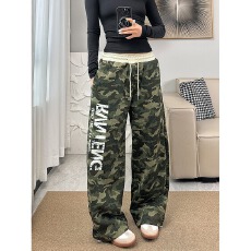 批发韩国chic新款美式印花抽绳迷彩休闲裤女宽松直筒拼接腰头运动裤子