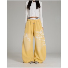 批发韩国chic美式水洗渐变字母印花卫裤女宽松慵懒垂感阔腿休闲运动裤