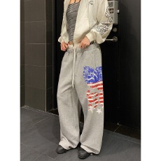 批发好质量韩国chic美式印花双腰头抽绳卫裤男女慵懒宽松百搭阔腿长裤