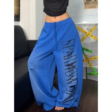 批发好质量韩国chic克莱因蓝字母破洞阔腿卫裤男女宽松直筒嘻哈长裤潮