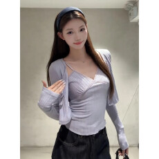 批发原版面料V领蕾丝边拼接针织两件套女春装叠穿披肩短款<b class='q'>背心</b>上衣