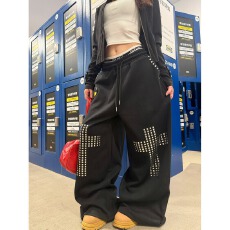 批发好质量韩国chic烫钻十字架抽绳阔腿<b class='q'>休闲裤</b>男女宽松百搭潮流长裤潮