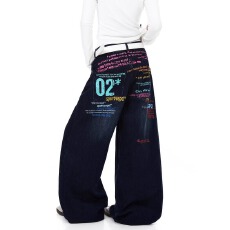 批发韩国chic春季新款美式涂鸦彩色字母印花牛仔<b class='q'>裤</b>男女直筒宽松阔腿<b class='q'>裤</b>